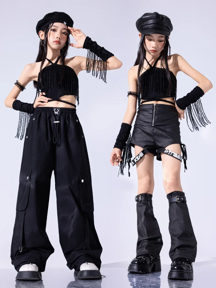 Hip Hop Kids Dancing Costume for Girls Child Party Show Black Leather Shorts T Shirts Pants JK Skirt Jazz Ballroom Dance Clothes