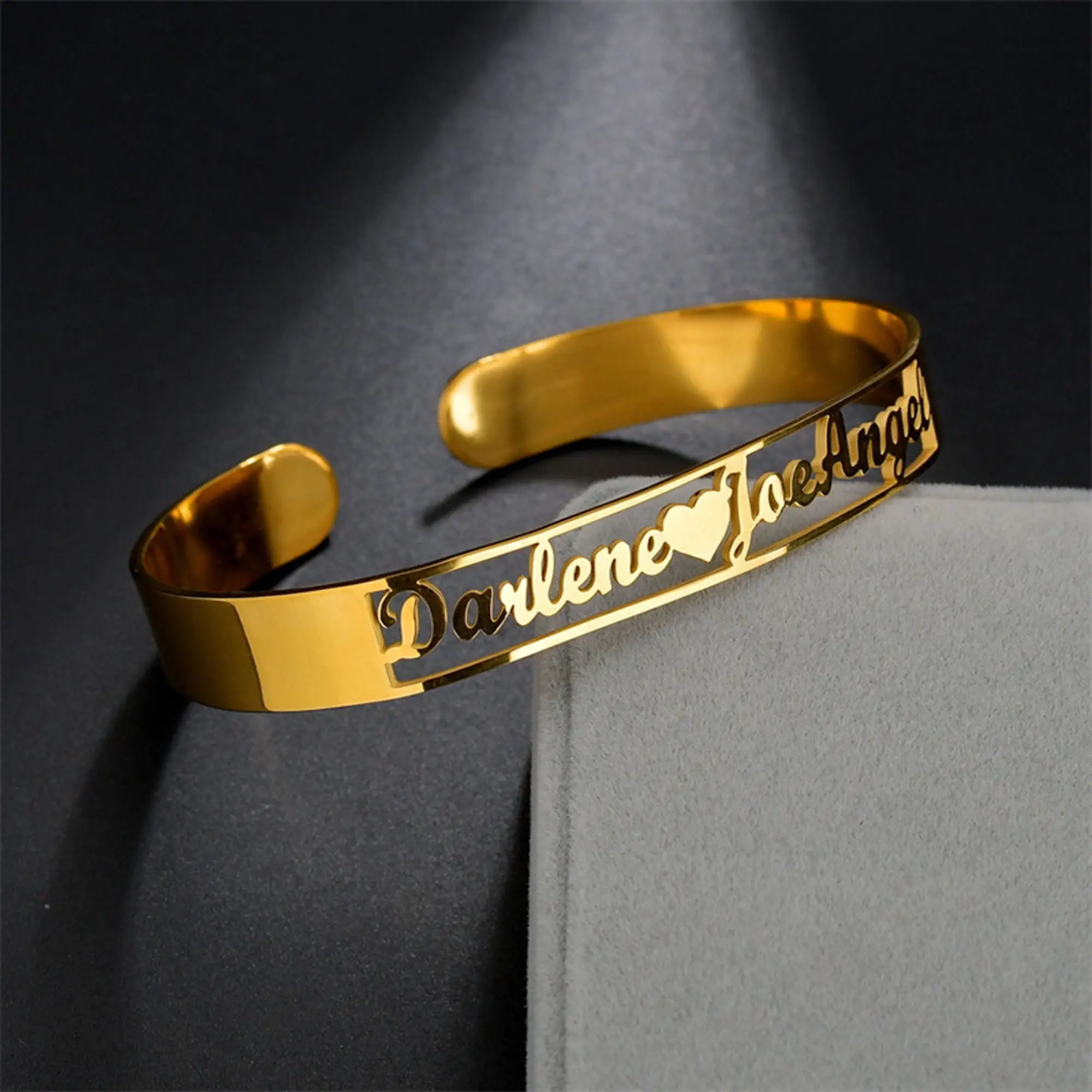 Custom Heart Name Bracelet for Women Personalized Gold Color Stainless Steel Bangles Customized Jewelry Unique Birthday Gifts