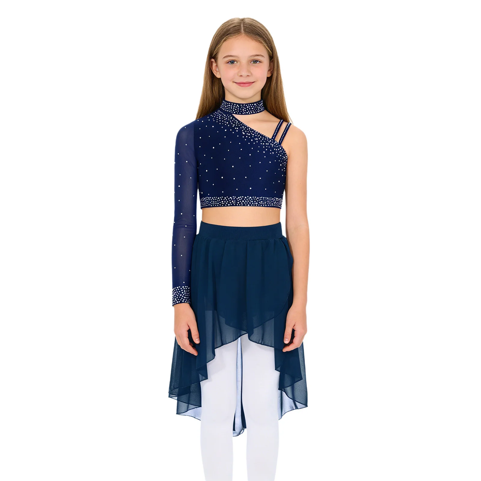 Kinder Mädchen Ballett Lyrical Dance Performance Kostüm Glitzernde Strasssteine Tops Unregelmäßige Schulter Crop Top mit High-Low Rock – Detail 11