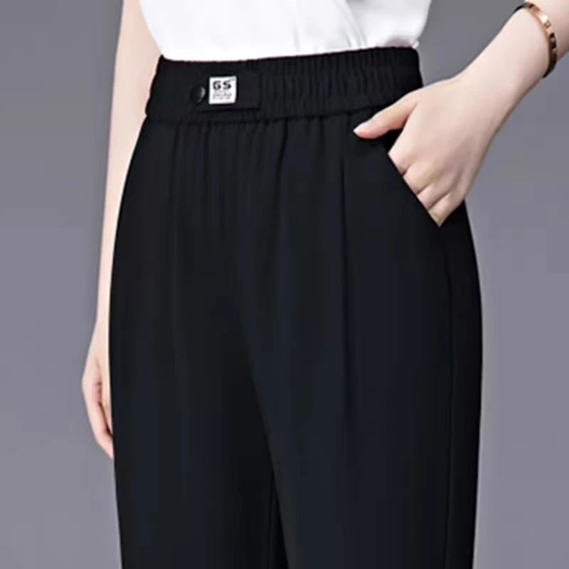 Summer Thin Ice Silk Cropped Casual Harlan Pants Women Solid Elastic Waisted Pockets Fashion Versatile Loose Straight Trousers