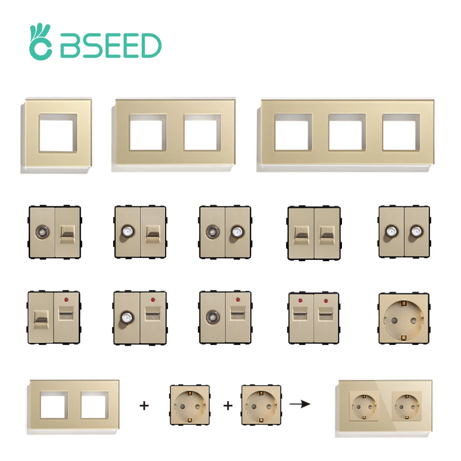 BSEED EU 유리 패널 및 PC CAT5 인터넷 USB 소켓, ST TV 기능 부품 전원 콘센트, 벽걸이 DIY 무료 조합