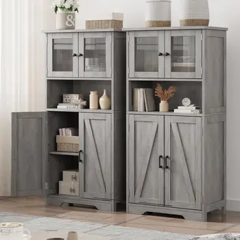 Armadietto portaoggetti da pavimento indipendente con ante in vetro e ripiani regolabili, armadio alto 128 cm per bagno, cucina, grigio 1