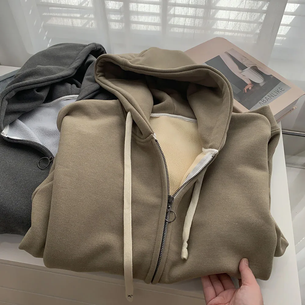 

Hooded Cardigan Sweatshirt Women's Korean Style Solid Thickened Outerwear 2022 Autumn Winter New Lazy Style Hoodies