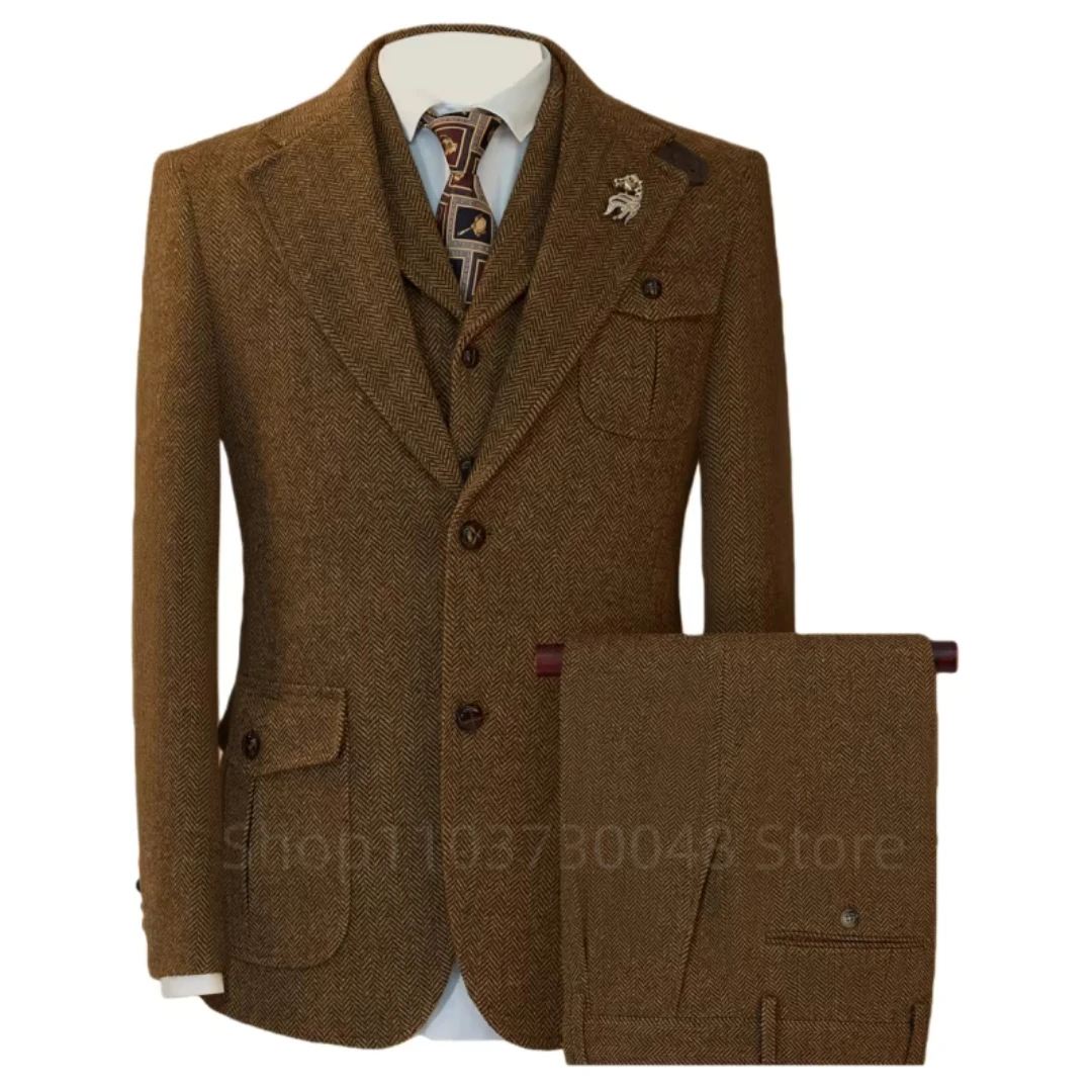 Men's Gray Wool Tweed Slim Fit 3 Piece Suit Winter Formal Herringbone Business Tuxedo Groom Male Jacket Vest Pants Set