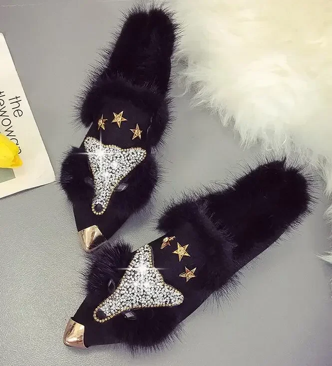 Crystal Fox Pattern Winter Flat Loafers Women Metal Pointed Toe Glitter Fur Moccasins Brand Design Ballet Flats Ladies Shoes women shoes