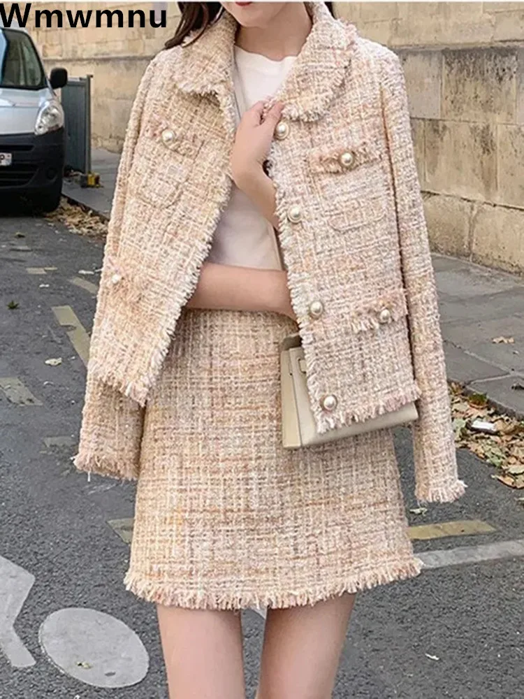 

Y2k Wool Blend Chic Skirt 2 Piece Set Korean Single Breasted Tweed Short Coat Conjuntos Fashion A-line Woolen Short Falda Outfit