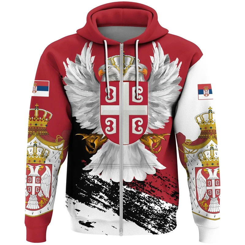 thumbnail image 1 of Sudadera con capucha de manga larga con estampado de la bandera de Serbia para hombre, informal, a la moda, para uso diario, con emblema nacional de Serbia, con cremallera y estampado completo, 1 of 5