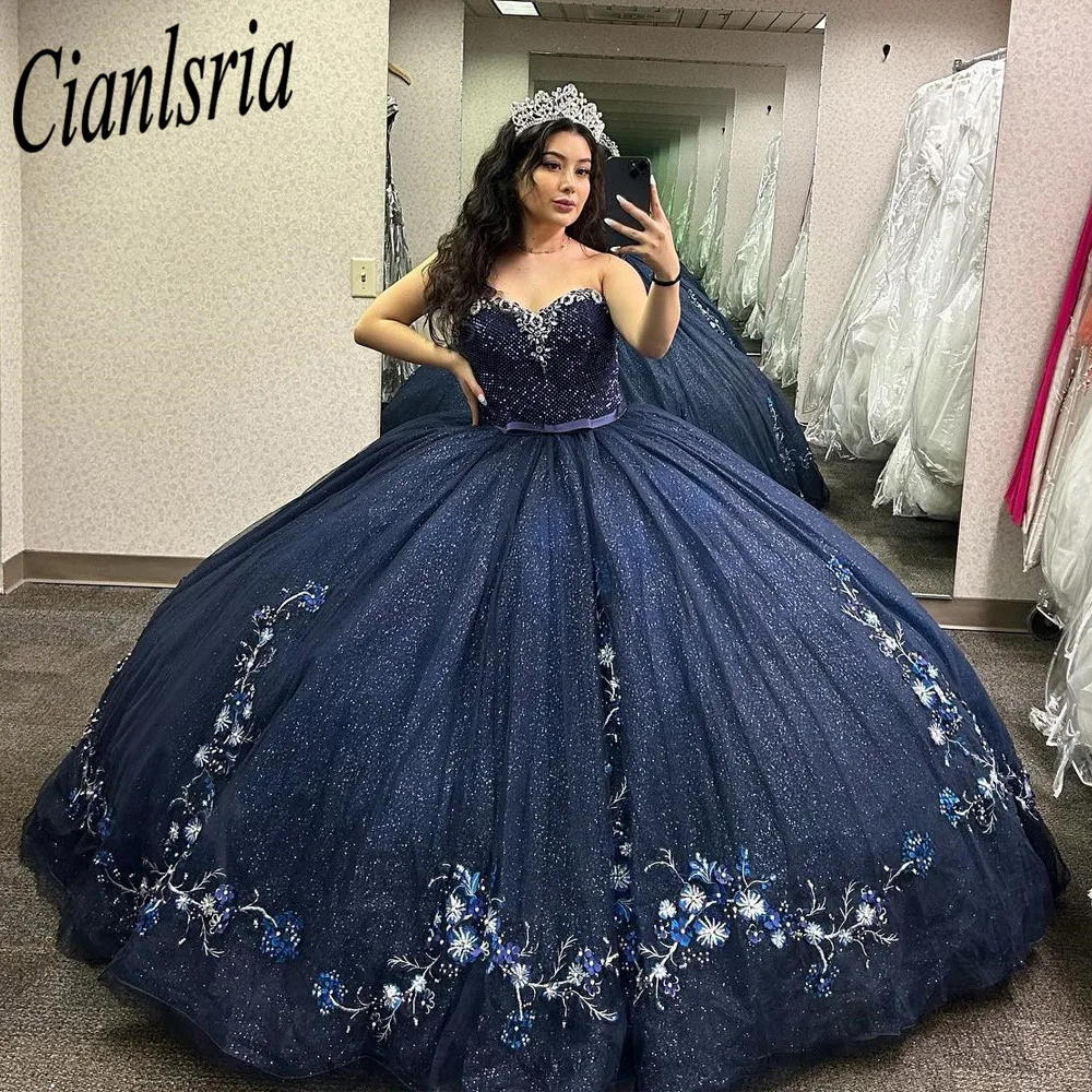 

2022 Navy Blue Cinderella Quinceanera Dresses Crystal Ball Gown Beading Appliques Party Gowns Vestido De Festa Sweet 16 Dress