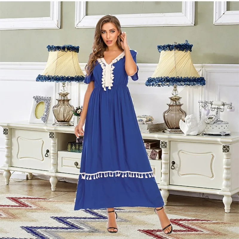 

European and American New Women's Clothes V-neck Middle East Loose Long Dress Tassel Stitching Bow Tie
