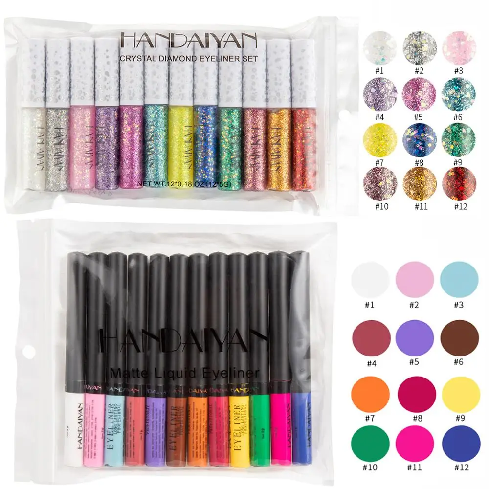 

10/12 Colors Matte Eyeliner Set Glitter Makeup Waterproof Colorful Liquid Crystal Diamond Eye Liner Pen Gel Make Up Cosmetics