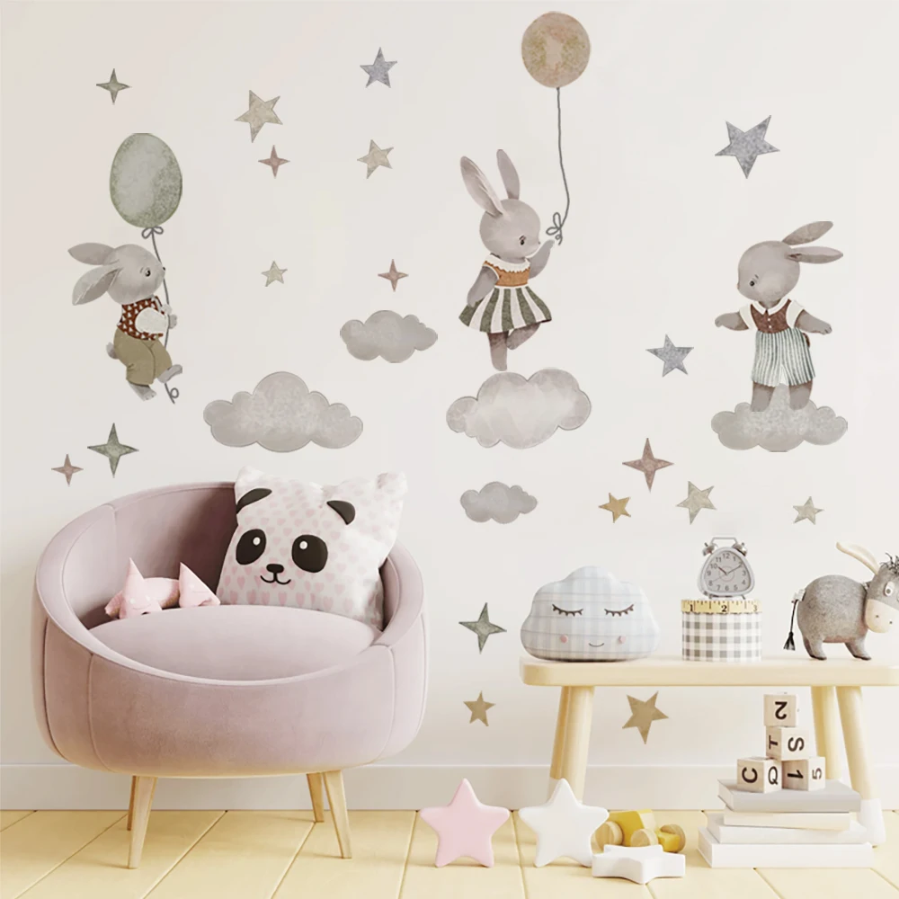 Cartoon Bunny Moon And Stars Wall Stickers Animali Nordic Boho Rabbit Hot Air Balloon Sticker Kids Room Decoration Wallpaper