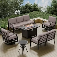 7-Seater Aluminum Patio Furniture Set with Fire Pit Table & Swivel Chairs Outdoor Conversation Set Modern Metal Thick Cushions 2