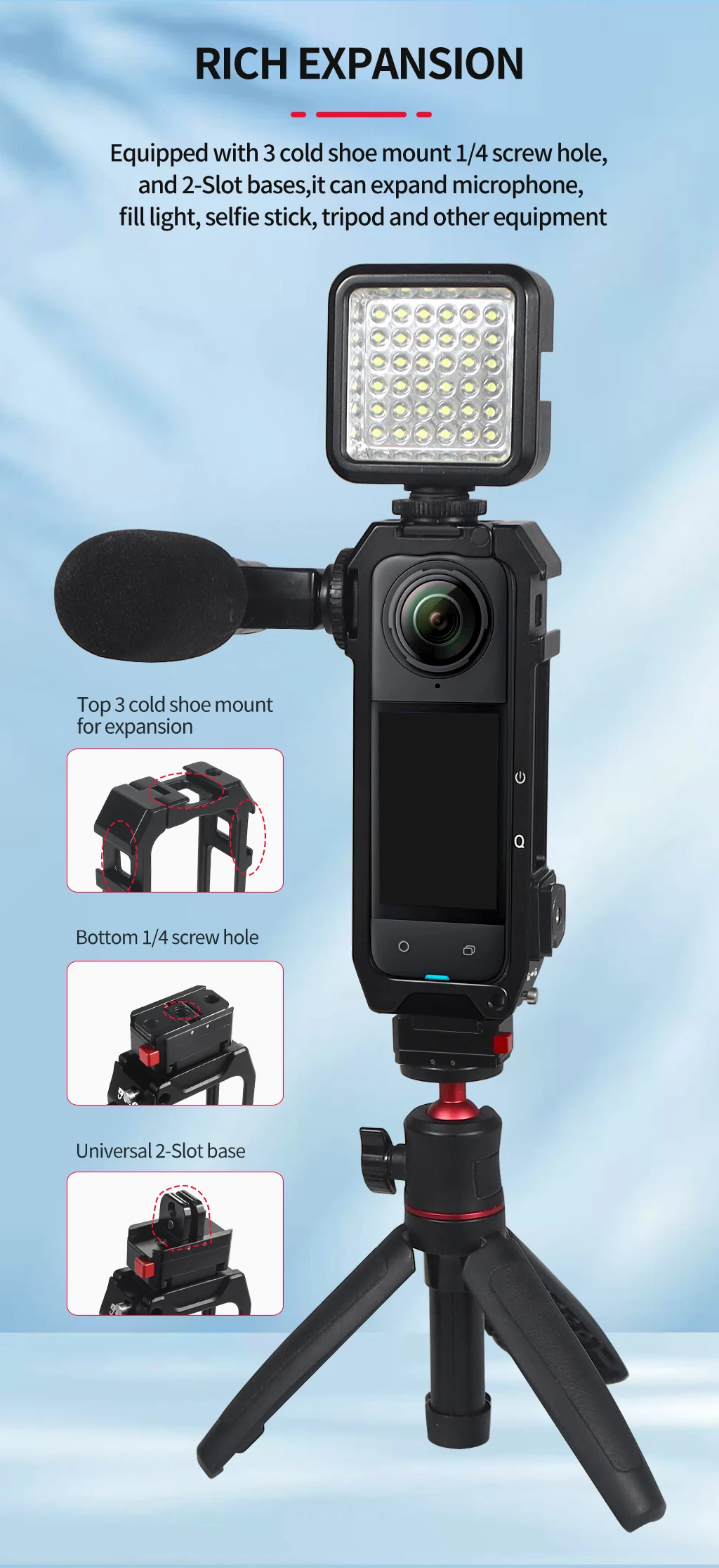 Für Insta360 X4 Aluminium Schutz Käfig Schnell Installieren Kalten Schuh Montieren 1/4 Faltbare Adapter Radfahren Action Kamera Stativ Halter – Detail 12