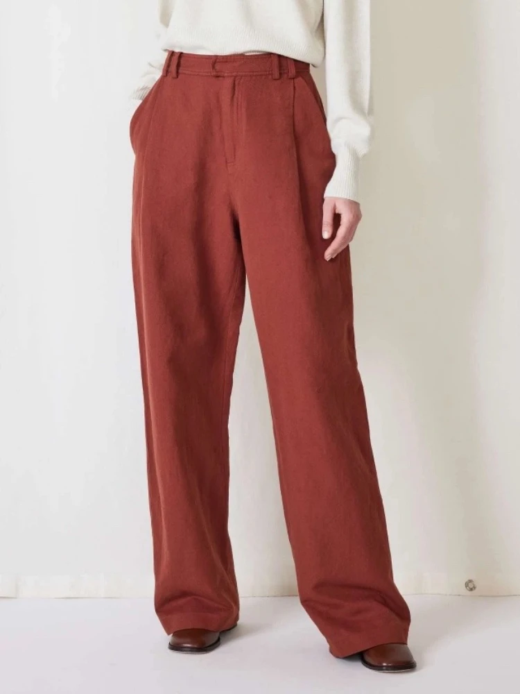 

New In High-waisted Wide-leg Vintage Brick Red Women Pants High Quality Organic Cotton/Linen Pants with Loose Straight-cut Shape