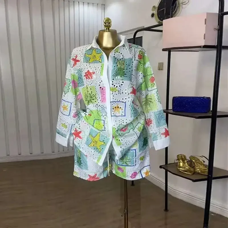 Women's Clothing 2025 Summer New Fashion Printed Hollow Out Turn-down Collar Long Sleeve Shirt Shorts Casual Set