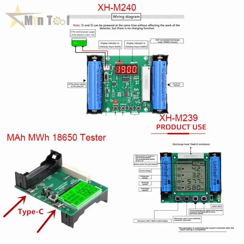 XH-M240/XH-M239 /Type-C LCD Display Battery Capacity Tester MAh MWh 18650 Lithium Battery Digital Measurement Lithium