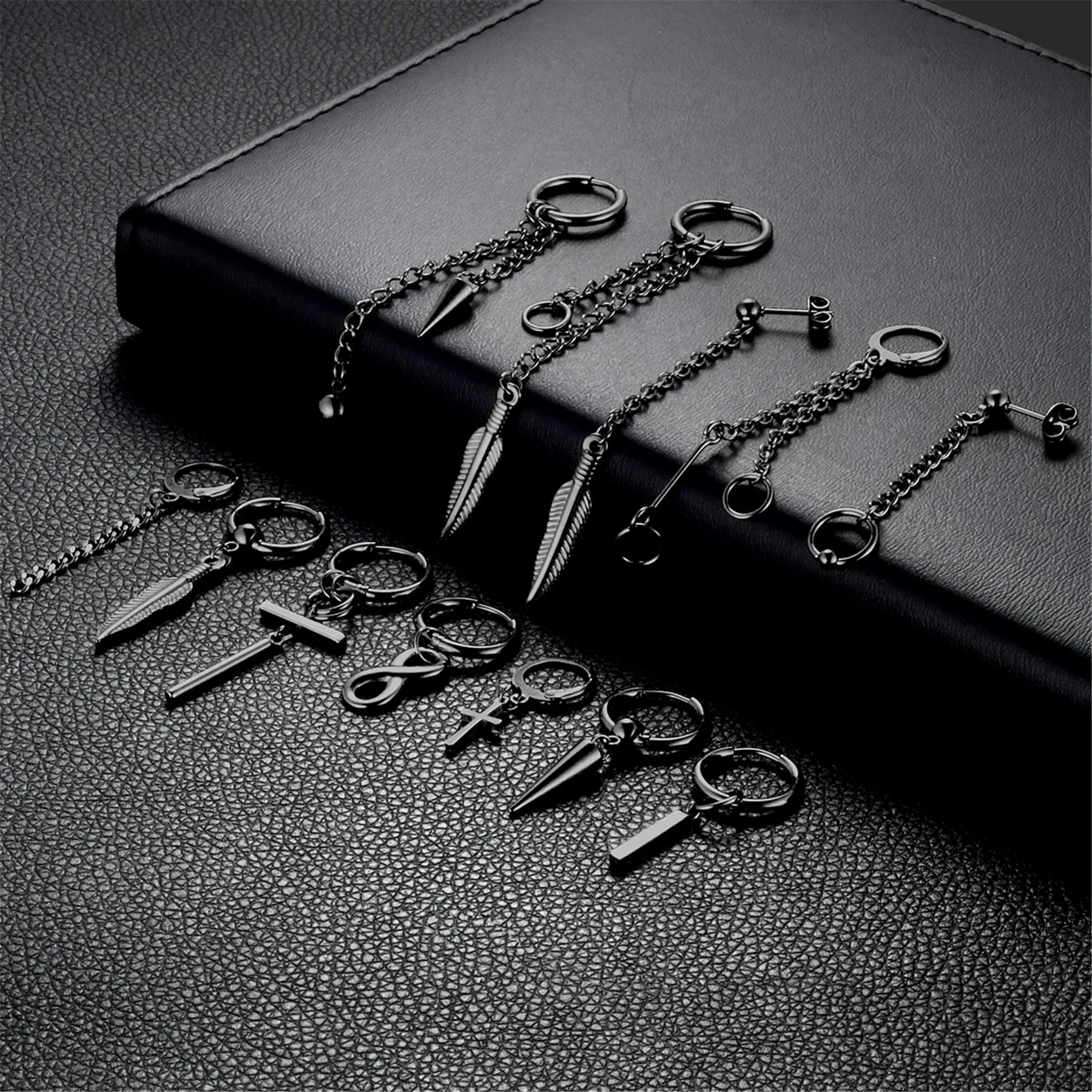 BONISKISS 12pairs Men Women Stainless Steel Cross Chain Feather Spike Rivet Ball Hoop Earrings Drop Dangle Huggied Ear Studs Set 2