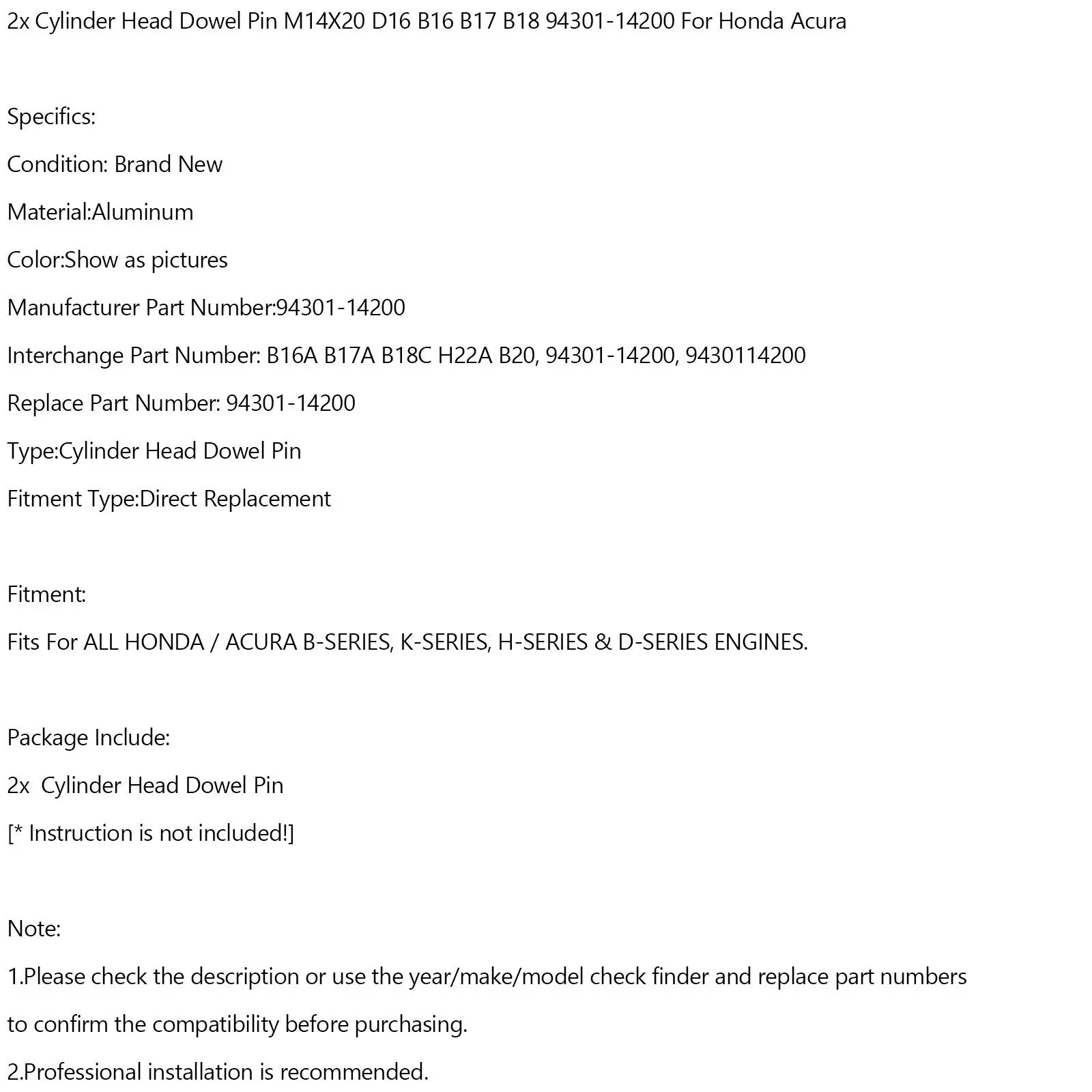 Ǹ    94301-14200 ü, M14X20 D16 B16 B17 B18, ȥ ACURA, 2 