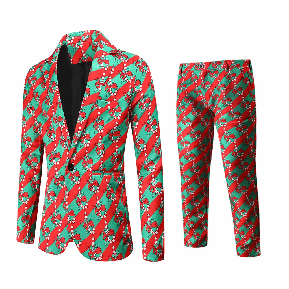 thumbnail image 1 of Traje navideño para hombre de 2 piezas, corte entallado, estampado de muñeco de nieve navideño, para fiesta, disfraz de un solo botón, ropa informal de moda para hombre, 1 of 5