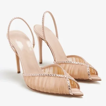 2026 Women’s Mesh Slingback Stiletto Sandals – Nude Pink Heels 1