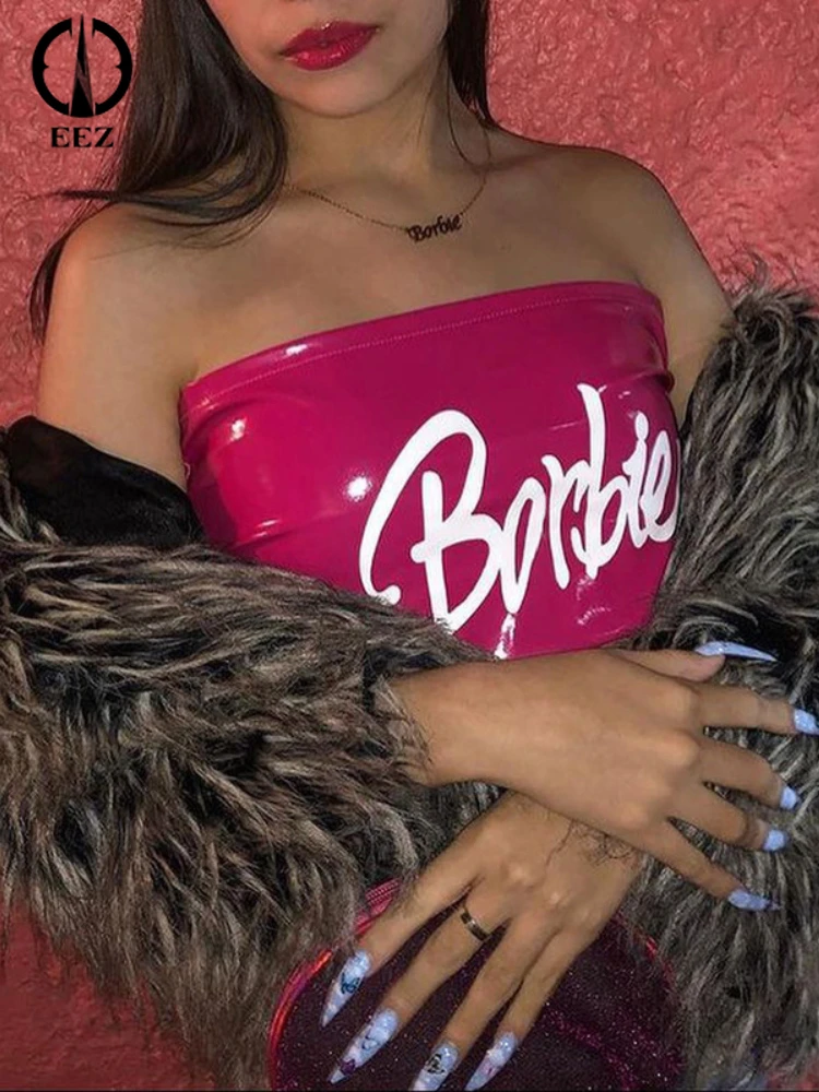 

Kawaii Y2K PU Pink Crop Tops Women Letter Printed Backless Sleeveless Strapless Camis Sexy Cute Slash Neck Coquette Streetwear