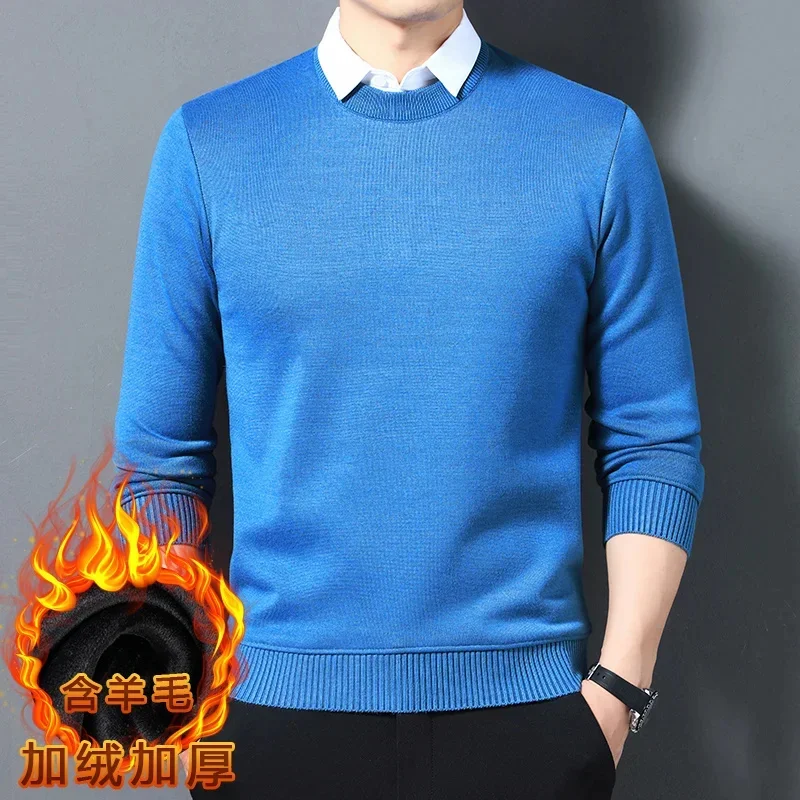 thumbnail image 1 of Suéteres de dos piezas falsas para hombre, nuevo estilo coreano de invierno 2024, cuello de camisa de moda, suéter acolchado con forro polar que mantiene el calor, 1 of 5