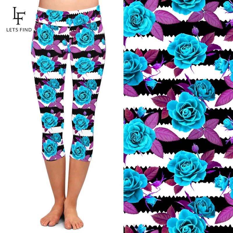 LETSFIND Summer Women Capri Leggings 3D Beautiful Flowers Print Digital Print High Waist Elastic Mid-Calf Leggings