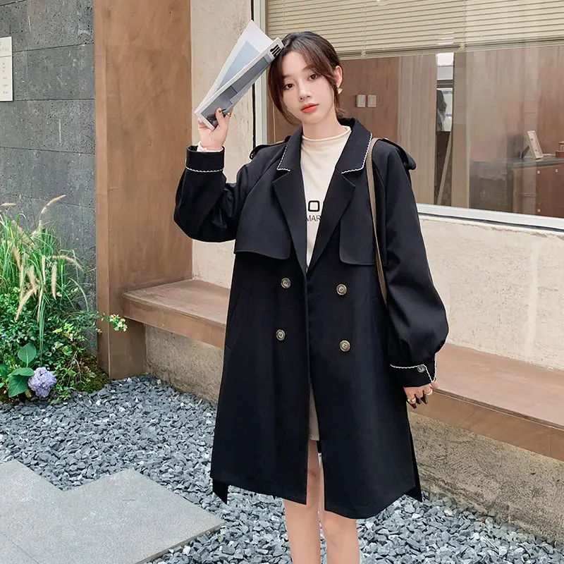 

Popular Korean Black Trench Coat For Women 2023 Spring Clothing Medium Length Design Trend Double Breasted Windbreaker Z1157