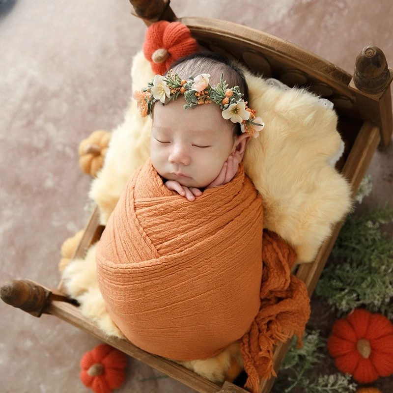 Dvotinst Newborn Baby Photography Props Autumn Pumpkin Backdrop Outfit Headband Wood Crib Set Photoshoot Studio Photo Props