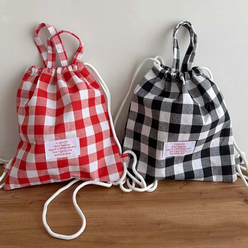 Kids Backpack Drawstring Closure Kids School Bags Children's Plaid Backpack For Boys Girls Canvas Bag School Bags 3