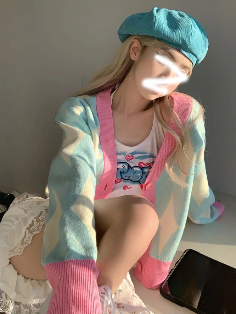 KOSAHIKI 여성용 가디건 니트 스웨터, 루즈한 싱글 브레스트, 학생용 V넥, 사랑스러운 니트웨어, 한국 가디건 상의, 풀 팜므