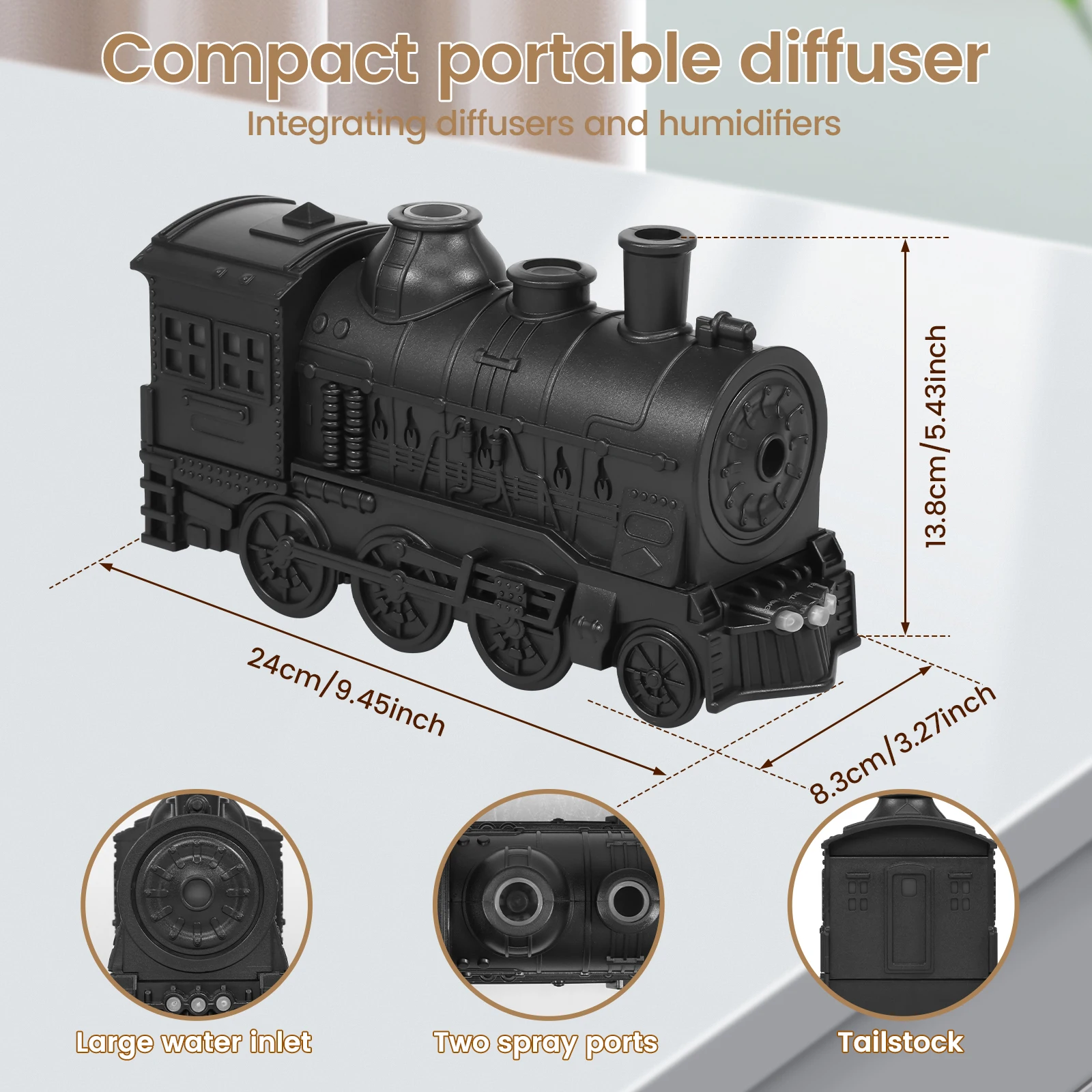 Mini Humidifier 2 Spray/Light Modes Essential Oil Diffuser 300ml Quiet Retro Train Shape Humidifier with Auto Shut Off Function