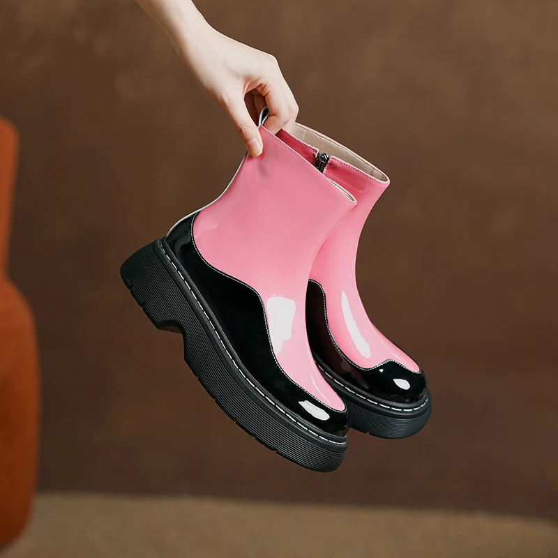 

2023 new Autumn winter Women ankle boots natural leather 22-25cm cowhide mixed color modern boots Retro side zip platform boots