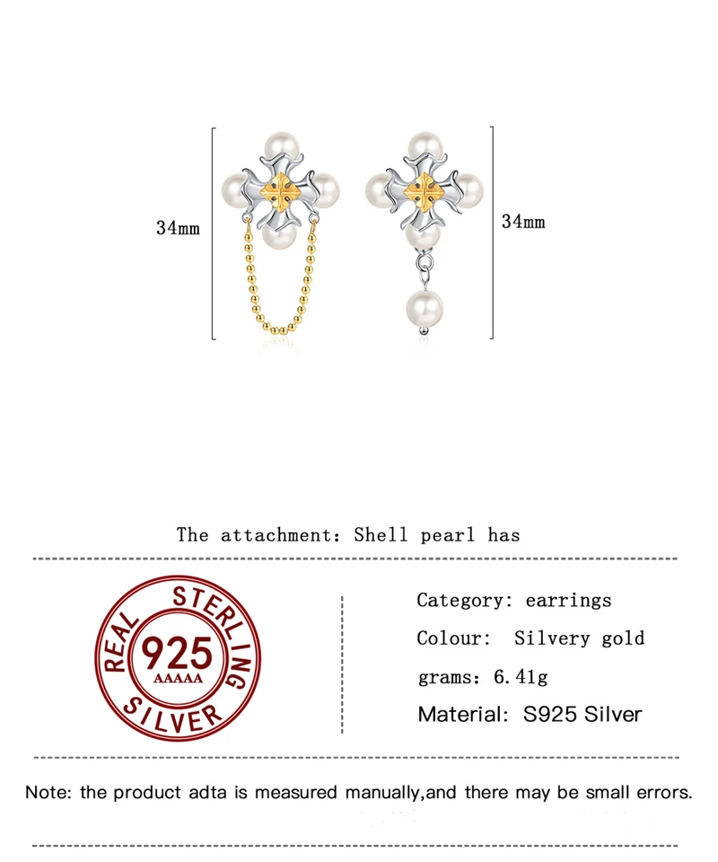 925 Sterling Silver Korean Asymmetric Pearl Cross Stud Earrings for Women Vintage Simple Light Luxury Jewelry Gift