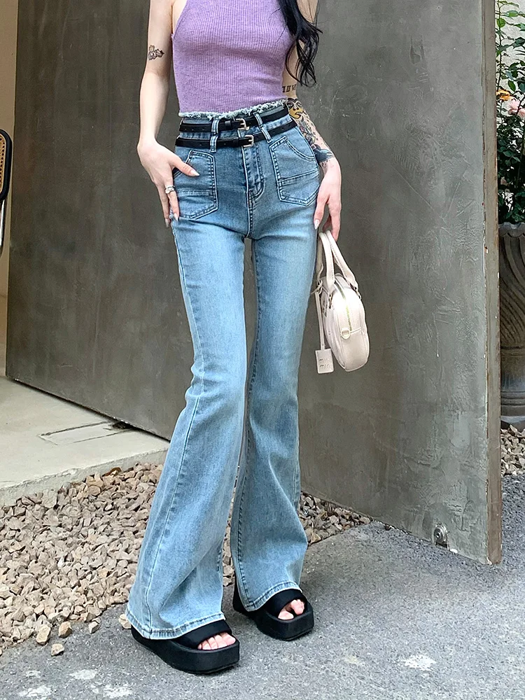 

Slergiri Streetwear Raw Trim Belted Flare Jeans Woman Korean Fashion Y2k Vintage High Waist All-match Bell Bottom Denim Pants