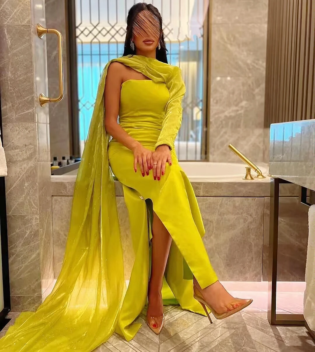 

Saudi Arabia Women's Green Evening Dress Elegant Mermaid One Shoulder Side Split Special Occasion Dress Vestidos De Fiesta