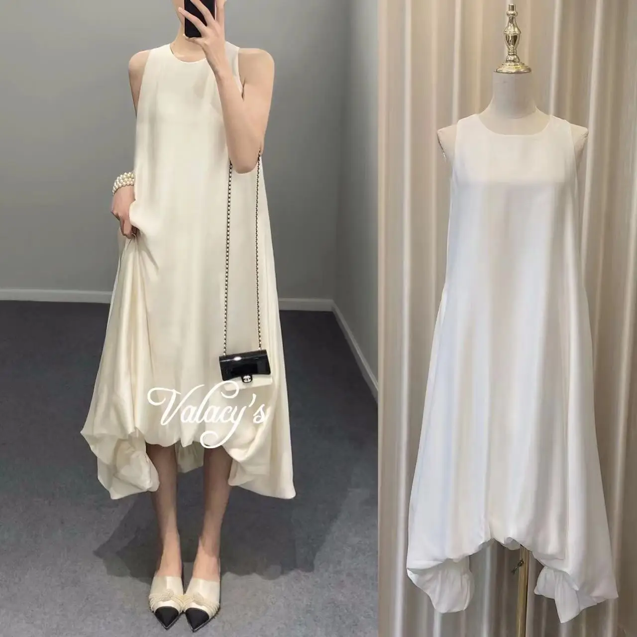 

2024 Summer Irregular Bubble Pomp Hem Sleeveless Round Neck Solid Color Loose Dress