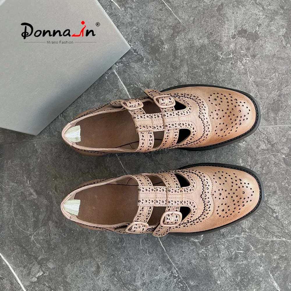 

Donna-in Designer Shoes Brogue Style Luxury Leather Shoes For Women Carved Adjustable Buckle Round Toe Comfortable Sheepskin