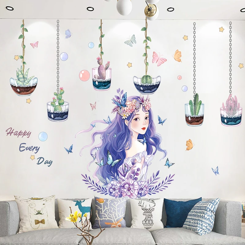 

Мультяшные девушки бабочки наклейки на стену DIY горшечные растения росписи наклейки для детской комнаты детской спальни детского сада домашнее украшение