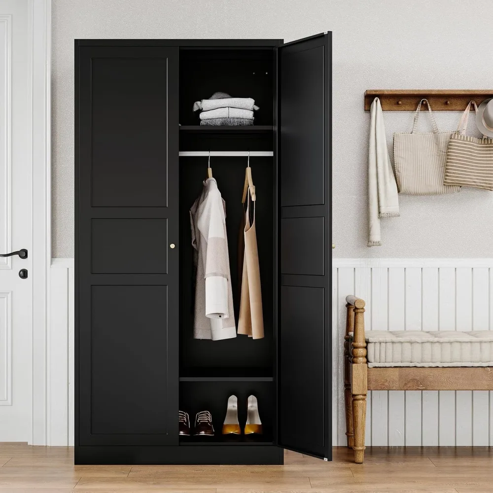 Metal Armoire Wardrobe Closet with 2 Doors 72'' Wardrobe Cabinet with Hanging Rail Metal Closet with Adjustable Shelves for Bedr 5