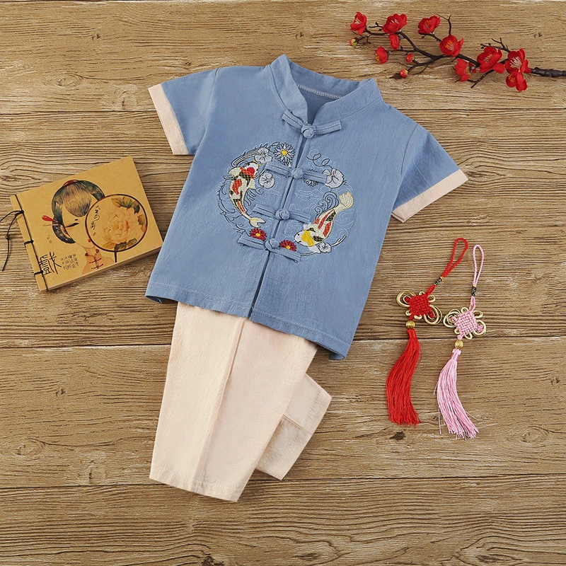 New Year Tang Suit 11Colors Chinese Traditional Clothing for Boys Girls Short Sleeve China Spring Festival Kids Clothes