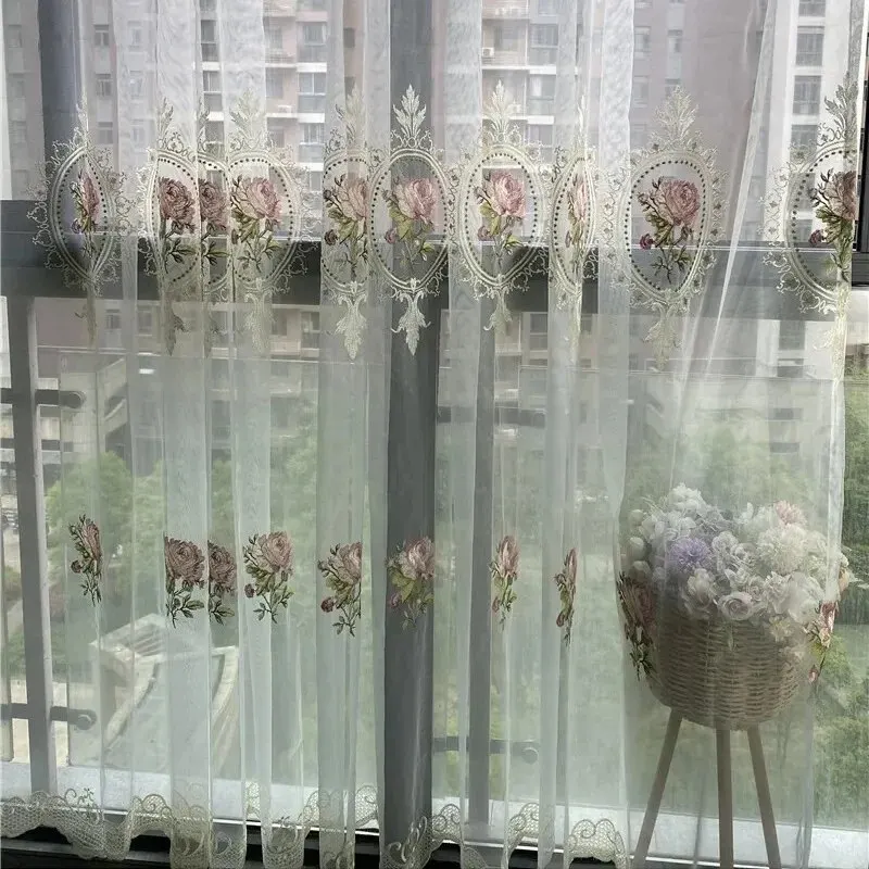 Elegant European Peony Embroidered Sheer Tulle Curtains