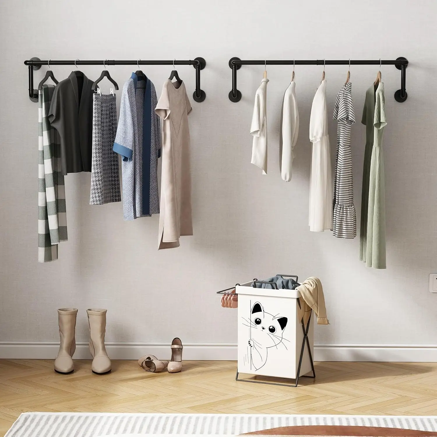 Industrial Pipe Clothes Racks 2 Pack, Black Pipe Wall Mounted Clothing Racks for Hanging Clothes 6