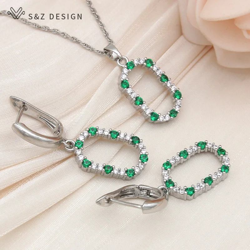S&Z DESIGN New Fashion Annular Egg Shape Oval Cubic Zirconia Dangle Earrings Jewelry Sets For Women Wedding Pendant Necklace