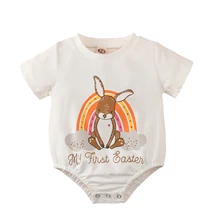 

Newborn Kids Baby Girls Clothing My 1st Easter Bodysuit Lovely Bunny Print Toddler Summer Round Neck Short Sleeve Jumpsuit
