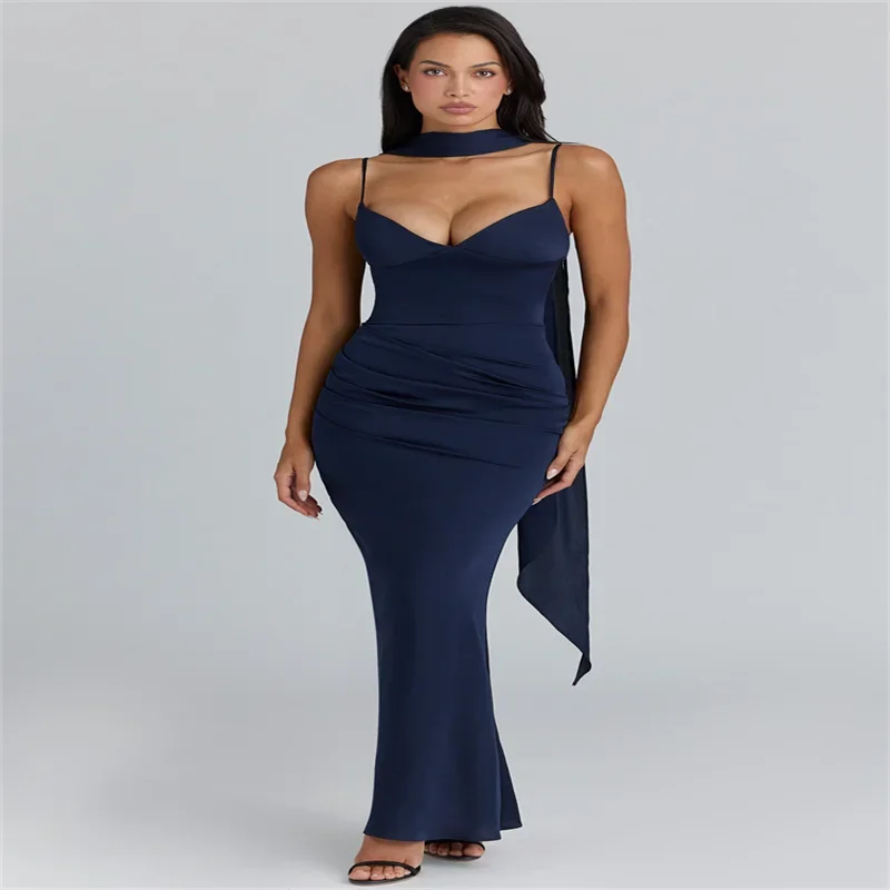 Sexy Maxikleid mit Schleifen für Damen, V-Ausschnitt, Rückenfreies Ärmelloses Kleid mit Geraffter Taille, Meerjungfrauenkleid für Frühling, Abend und Partys – Detail 5