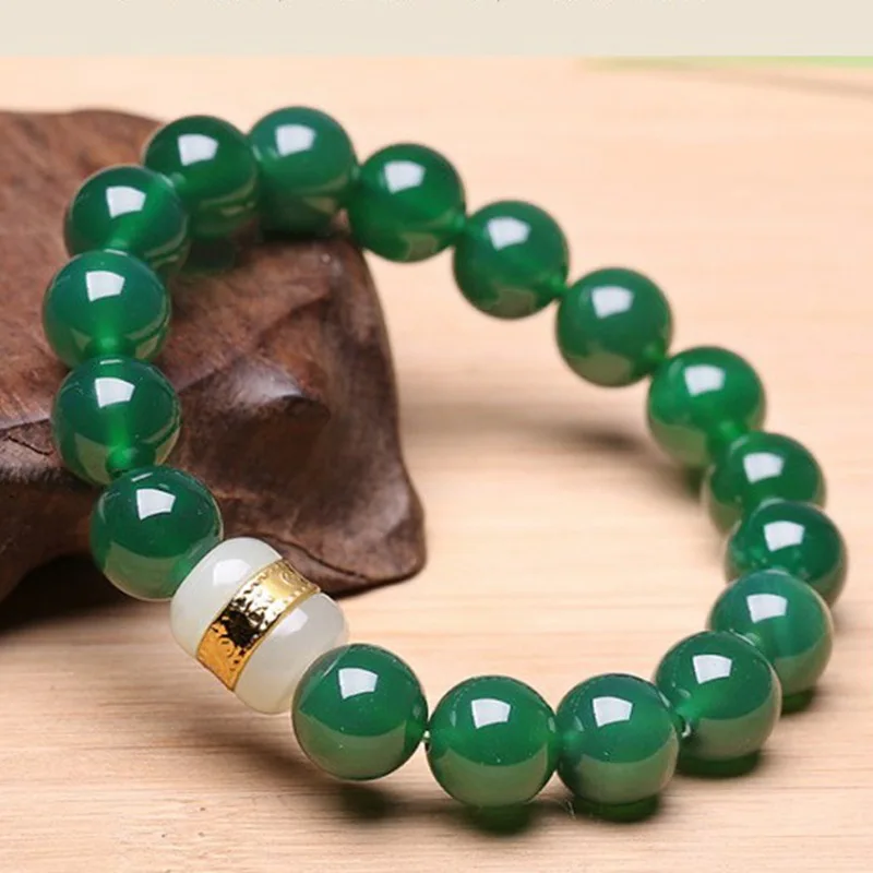 

Natural Green Agate Beads with Gold Inlaid Jade Passepartout Bracelets for Men and Women Fashion Joker Bracelet