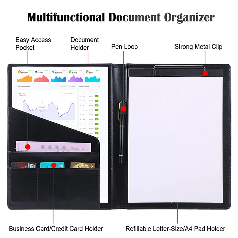 Document bag Leather folder Folder for A4 Documents Leather File Organizer PU Business Contract Portfolio Manager Clipboard Book Holder Office School Supply