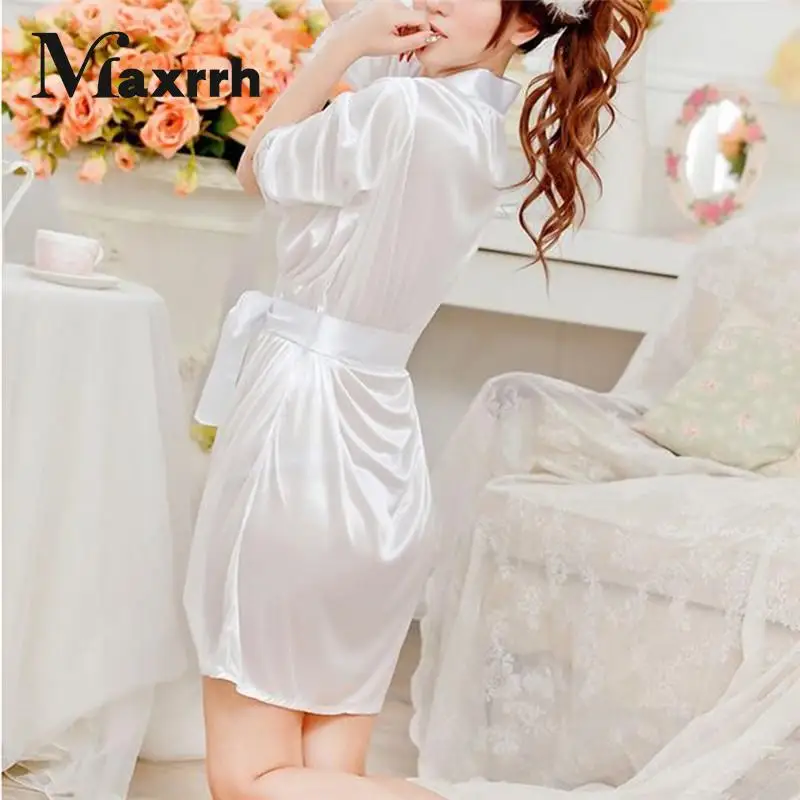 Women Dress Women Sleepwear Silk Robe Night Robe Sleepwear Dress Nightdress Sexy Homewear Women V Neck Three Quarter Length Sleeve Satin Robe Black/Rose/White
