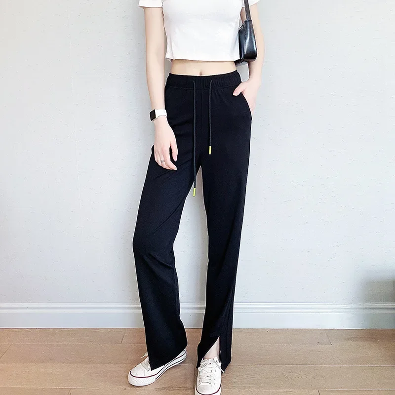 Summer Comfort Loose Split Casual Pants Women Black Solid Colors Twill Floor Pants High Waist Drawstring Thin Straight Trousers 2023 autumn women s new thin fashion mock neck sweater korean edition zipper panel stripe loose relaxed comfort letter top
